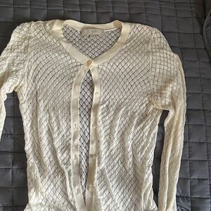 LOFT Cream Open-Knit Button Front Cardigan